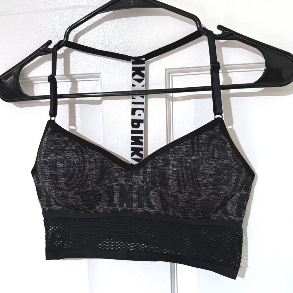 Victorias Secret PINK Sports Bra Black Grey Space Dye Logo T-Back Small RN54867‎